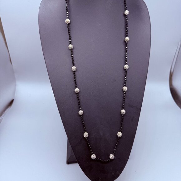 Black Faceted Beaded Clear Rhinestone Station Long Necklace Silver Tone - Picture 2 of 8